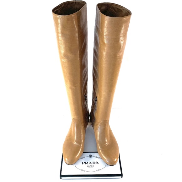 Prada Golden Tan Brown Taupe Leather Tall Knee-High Riding Boot size 9.5 / 39.5 - Picture 1 of 14